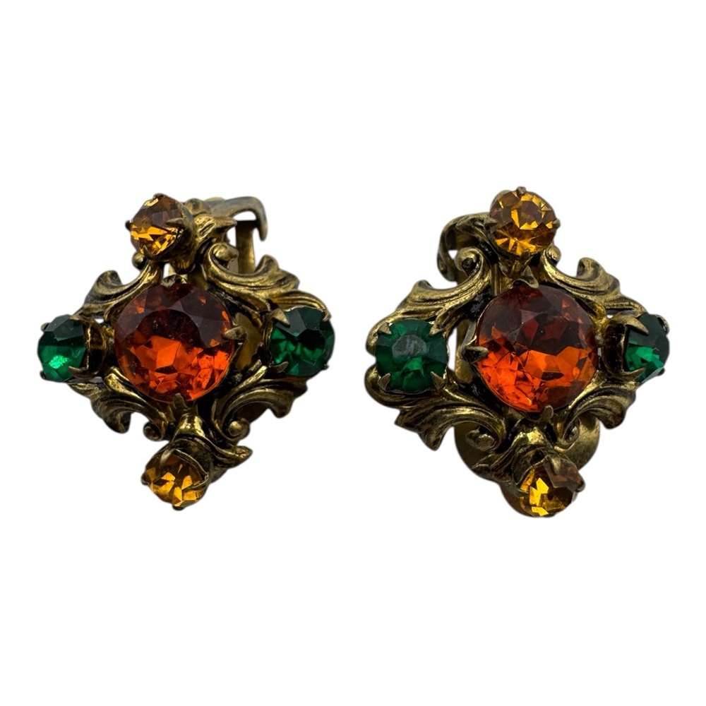Vintage Gold-Tone Clip‎ Earrings Orange Green Amber Rhinestones Ornate